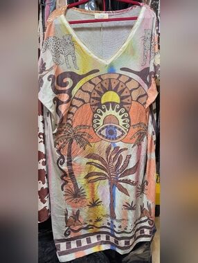 Boho Palm Tree Graphic V-Neck Tunic Dress - Multicolor